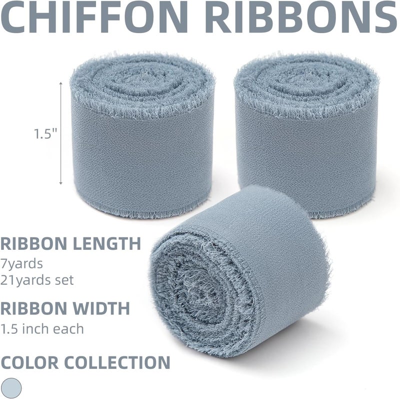KEOSREE 3 Rolls Dusty Blue Handmade Chiffon Ribbon,1.5" x 21Yd Frayed Fringe Silk Ribbons (3 Rolls *7Yd) for Gifts Wrapping, Wedding Invitations, Bridal Bouquets, Decorations - Image 2